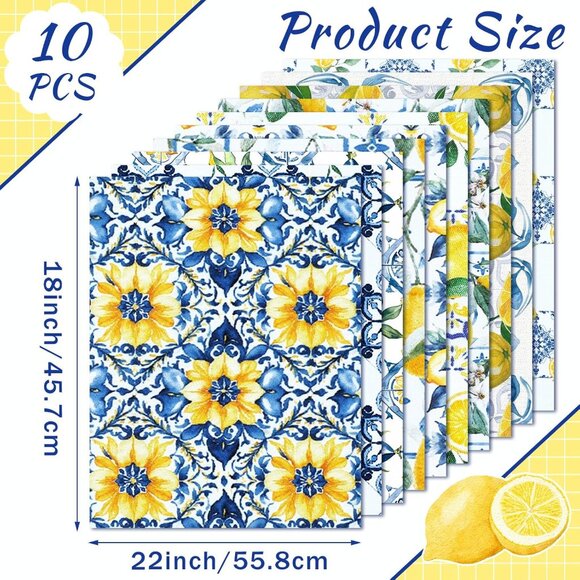 10 Pcs Quilted Fabric Bundle - Lemon Chinoiserie Floral Pattern, Multicolor, 18x - Picture 2 of 6